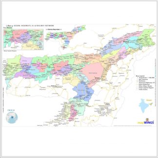 Map of | ASSAM | Set of 2 | 1 - map.LOCUS Map with Districts, Locations, Road, Rail | 2 - key.ROUTES Map with NH, SH & Rail Network | 18 X 12 in | for Edu & Business